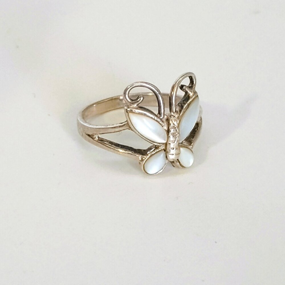 CW 925 Butterfly Ring 7 Vtg Sterling Silver Mother of Pearl Open Band Jewelry
